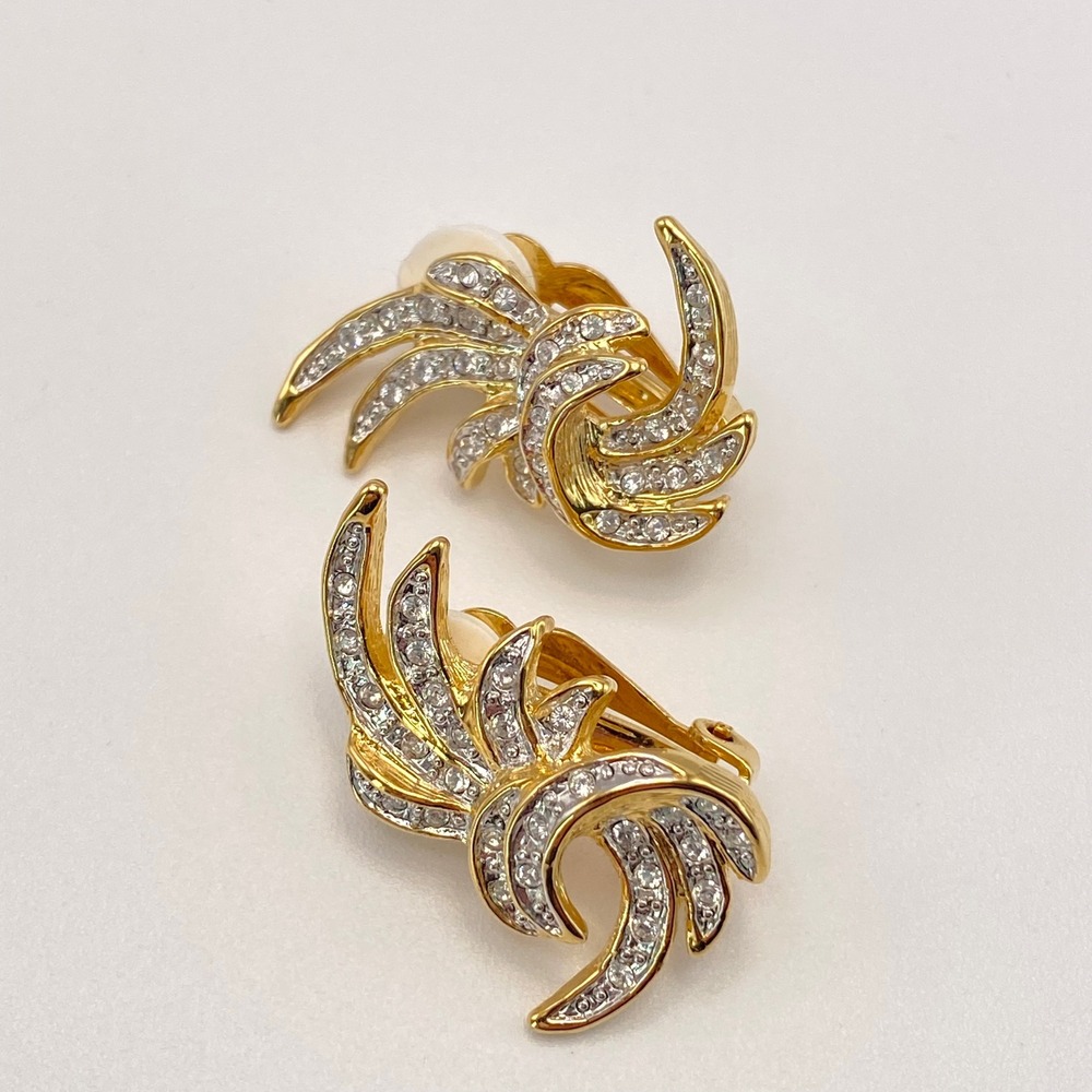 Ciro Clip On Earrings Gold Tone Vintage Swirl Rhinestone Estate Jewelry